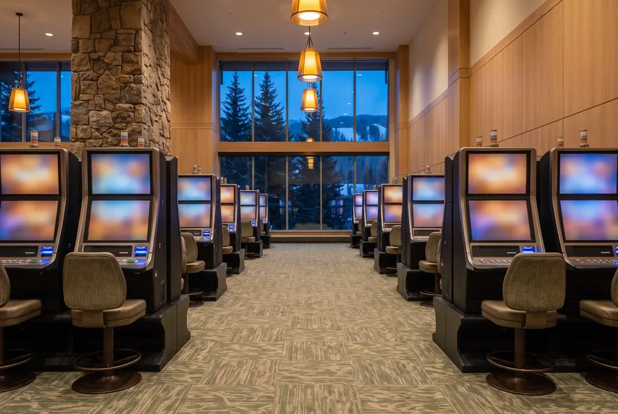An evening gaming floor with two rows of cabinets with soft colour screens, sage carpet, pale wood walls, a stone pillar and a window onto dark spruce