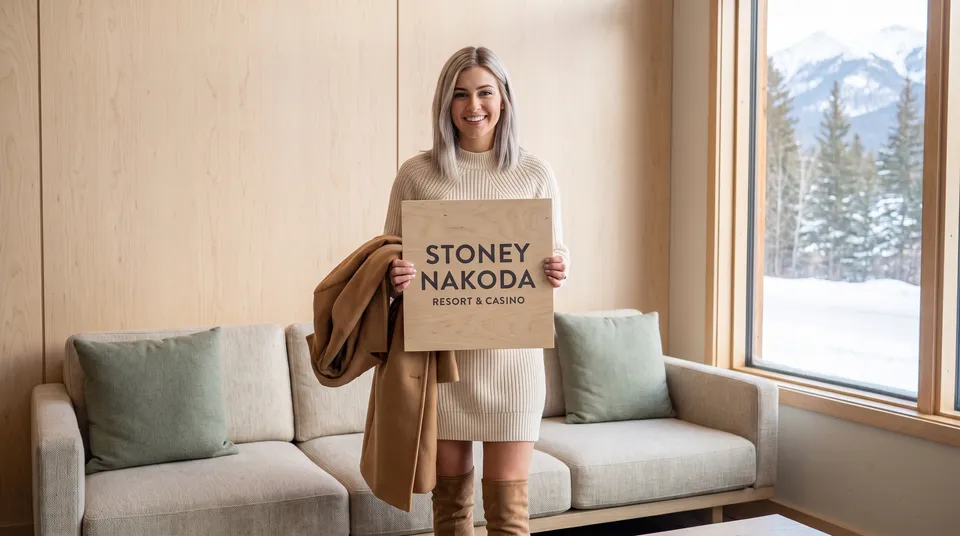 Linnea Hale, the guide's host, a character with an ash-blonde bob in a cream knit mini dress and tan suede boots, stands in a pale birch lodge lobby holding a wooden board that reads Stoney Nakoda Resort & Casino; a window shows snowy mountains
